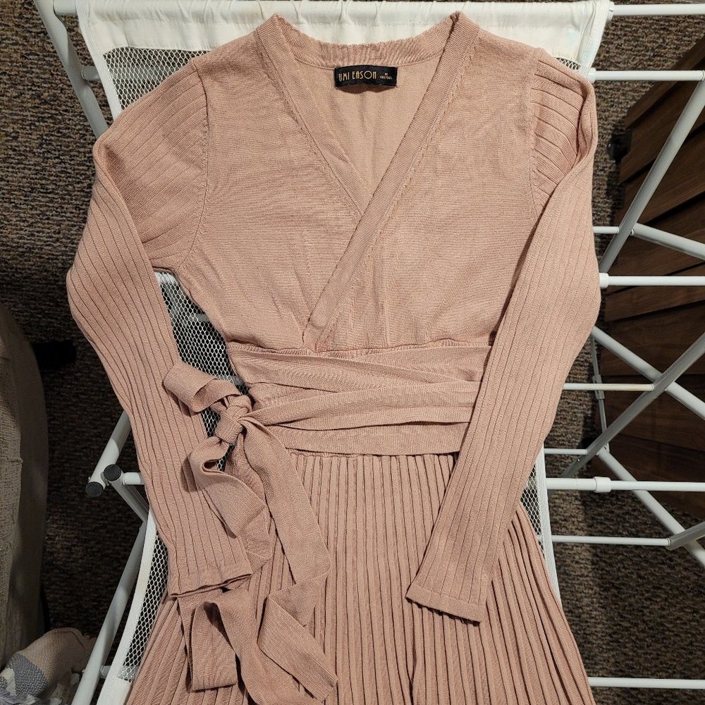 Romantic Blush Faux-Wrap Sweater Dress, beautiful waist sashes